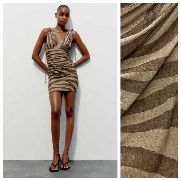 NWT. Zara Tan/Brown Printed Tulle Short Dress. Size XXL. - Picture 1 of 9